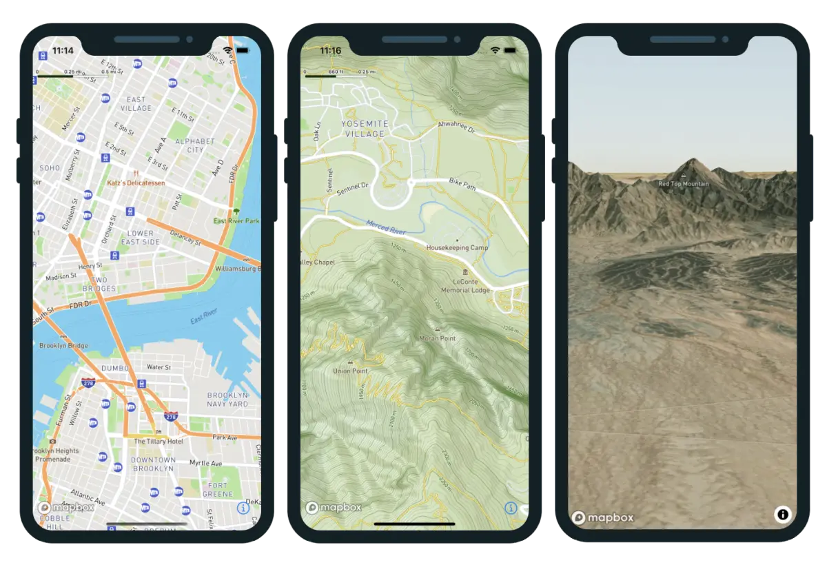 Three iPhone screenshots: a street map of New York, a topographic map of Yosemite Valley and a 3D terrain view