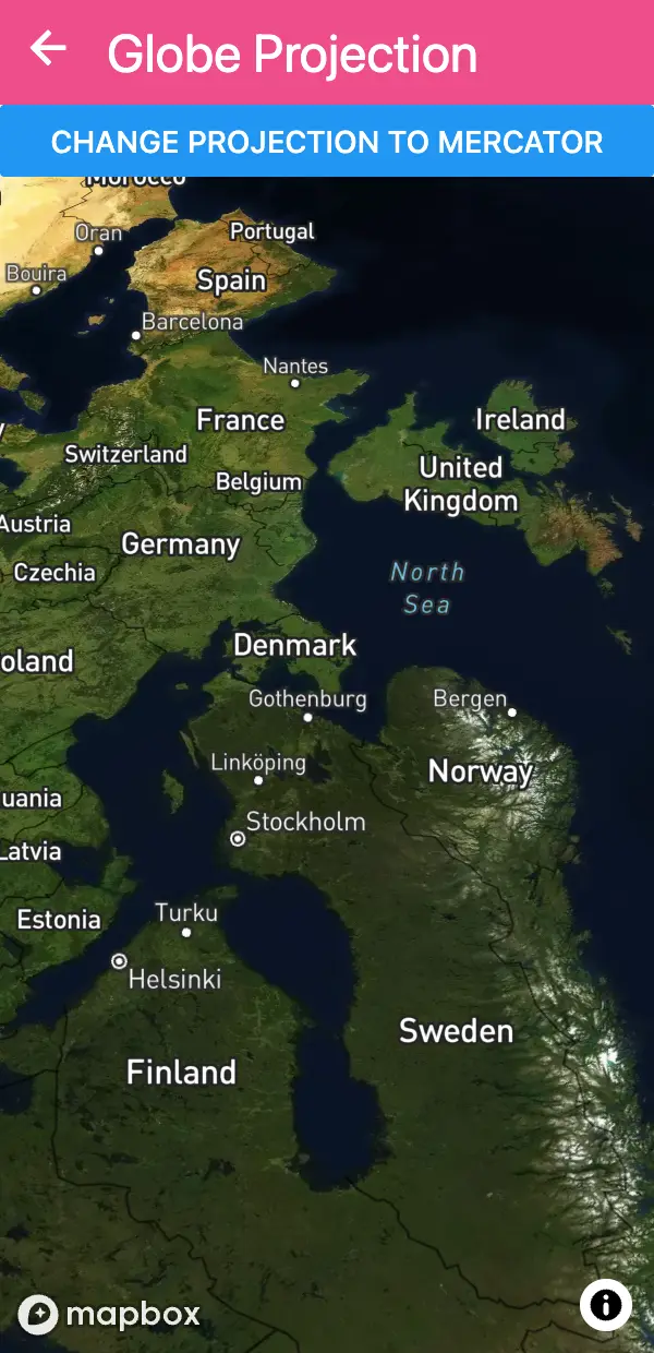 Satellite map of northern Europe rendered by the @rnmapbox/maps globe projection example