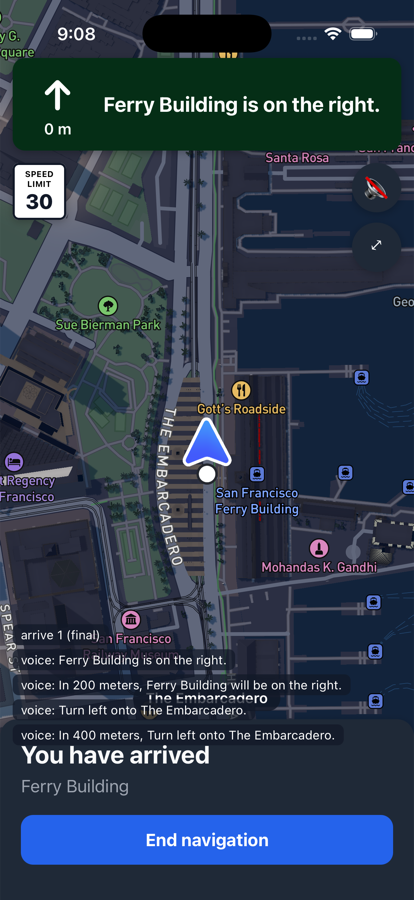 RNNavigationView arrival card in night appearance